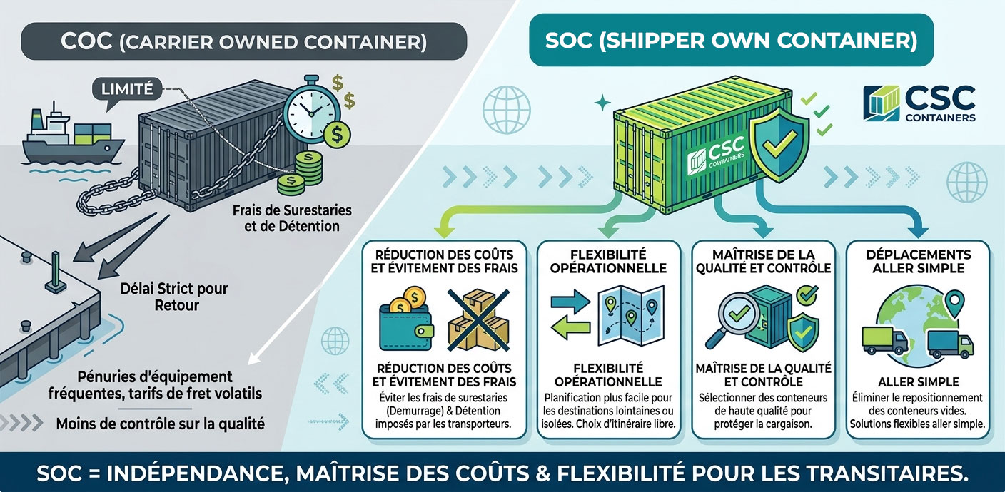 CSC Containers Solutions Logistiques SOC import export conteneur france international Schéma comparatif entre conteneurs SOC (expéditeur) et COC (transporteur) : les avantages logistiques, réduction des coûts et flexibilité pour les transitaires.